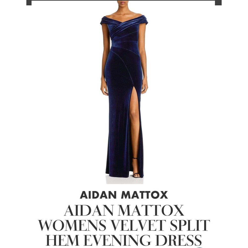 AIDAN MATTOX WOMENS VELVET SPLIT HEM EVENING DRESS-Navy, Size:2,10,295$
